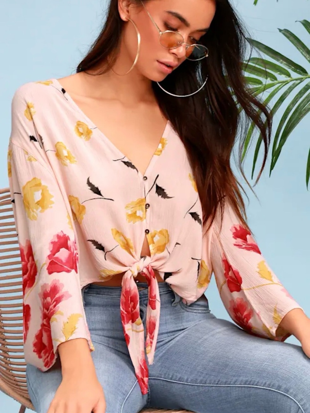 Billabong Women’s Pink Floral Tie-Front V-Neck Blouse